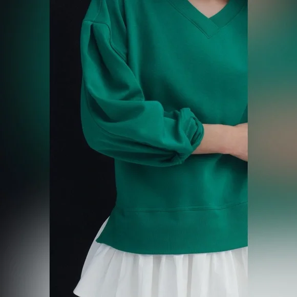 Maeve Long-Sleeve V-Neck Twofer Fleece Knit Pullover Kelly Green NWT Size XL - Picture 2 of 9